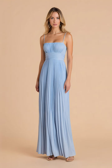 Bleu clair plissé une ligne spaghetti bretelles robe longue de demoiselle d’honneur